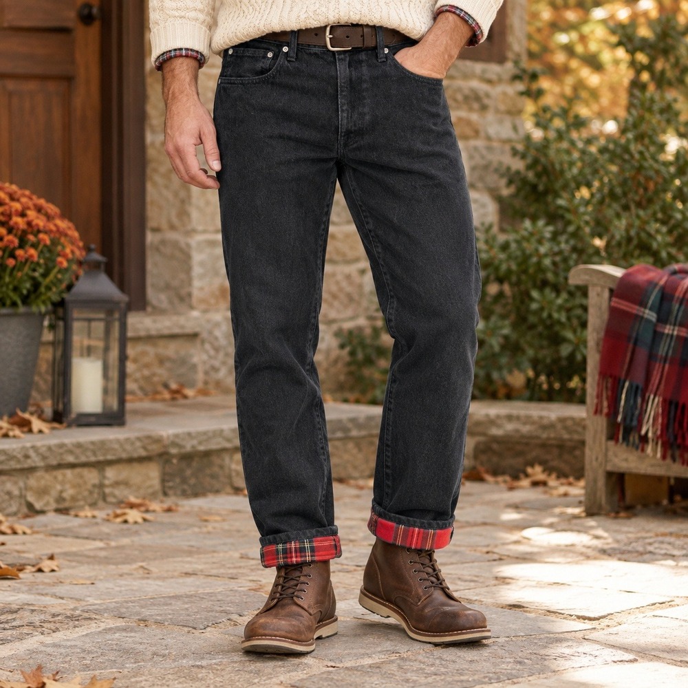 J.Crew Flannel Lined Jeans Mens 36x30 Black Denim Red Plaid Classic Heritage